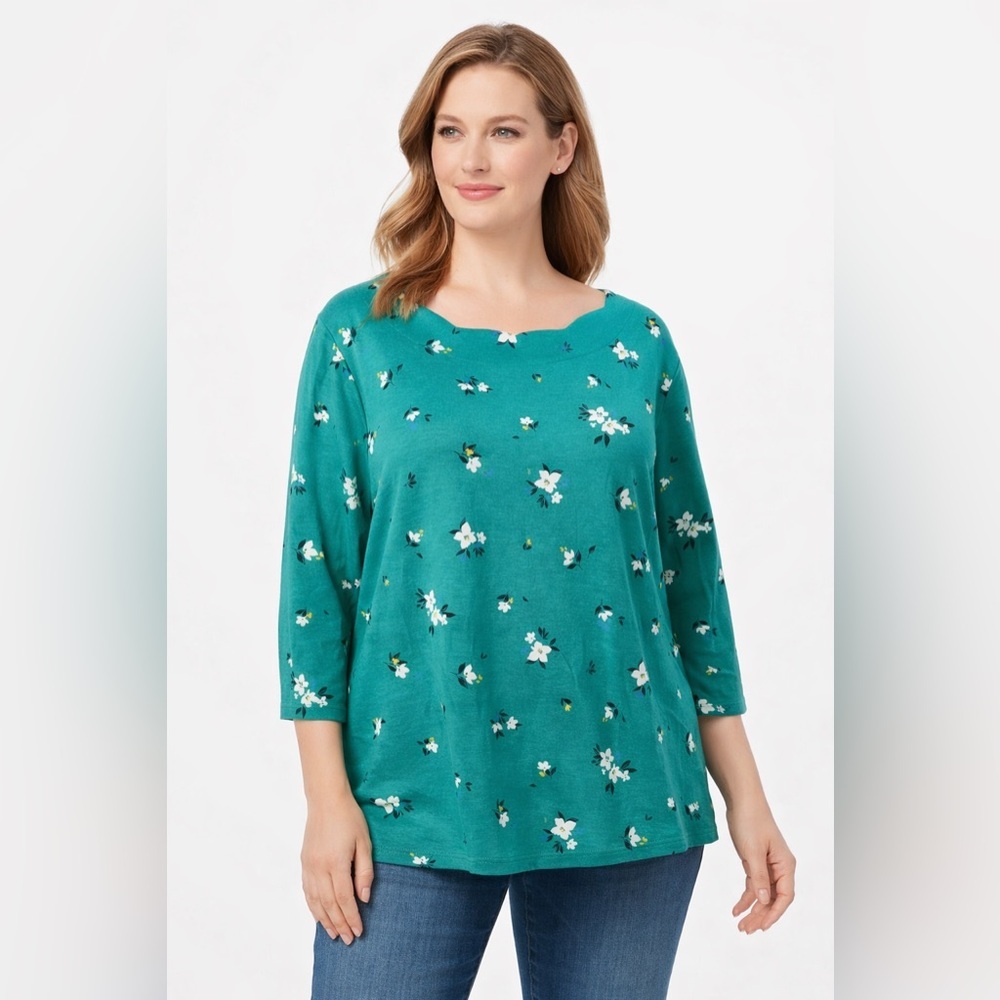 Croft & Barrow PXXL Petite Teal Floral Scoop Neck 3/4 Sleeve Cotton Top